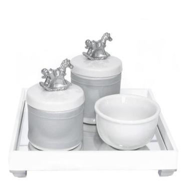 Imagem de Kit Higiene Bebê Bandeja Porcelanas Cavalinho Prata Prateado - Potinho