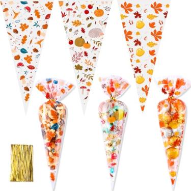 Imagem de Epakh 150 conjuntos de sacos de guloseimas de celofane em forma de cone de ação de graças de outono sacos de doces de plástico transparente com laços torcidos para presente de Ação de Graças outono