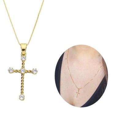 Imagem de Colar Cruz Cravejada Torcida Ouro 18k Banhada Semijoia 60cm - Morganit