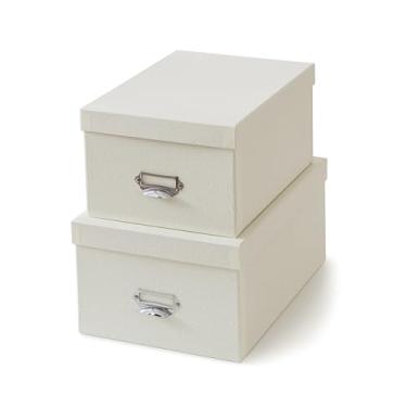 Imagem de Soul & Lane Caixas decorativas de armazenamento de papelão com tampas, conjunto de 2 caixas empilháveis para fotos e memórias para casa e escritório, organizadores de papelão com porta-etiquetas e