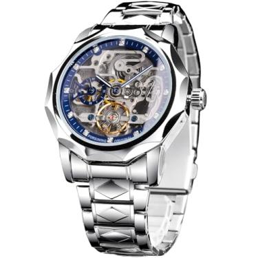 Imagem de FORSINING Relógio masculino luxuoso de turbilhão de esqueleto oco dourado e preto, Dodecágono, escala de diamante, relógios mecânicos automáticos, pulseira de aço inoxidável de losango, segundos