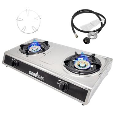 Imagem de RegiisCook Fogão a gás propano de queimador duplo, fogão a gás GLP portátil para acampamento, bancada de aço inoxidável de ignição automática com regulador e grade de queimador