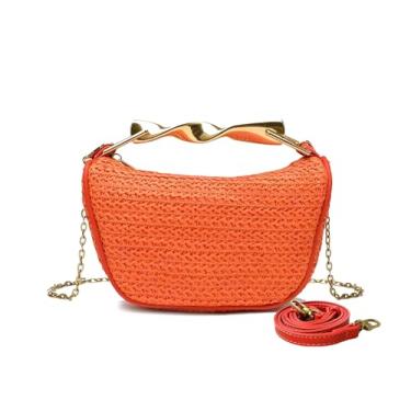 Imagem de Sacolas de palha para mulheres, bolsas transversais de tecido, feitas à mão, bolsas de ombro modernas, bolsas de ombro com duas alças, Laranja