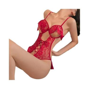 Imagem de Conjunto De Lingerie Feminino Sexy De Renda, Body Push-up Com Abertura