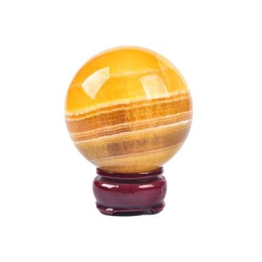 Imagem de JIC Gem Esfera de cristal de fluorita amarela natural com suporte de madeira, esfera decorativa de pedra preciosa amarela para meditação, Feng Shui, decoração de estilo bruxa, mesa 70-80 mm