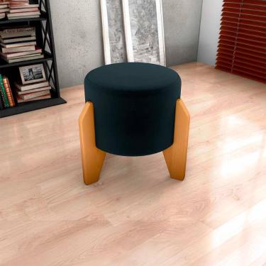Imagem de Puff Banqueta Redondo Pés Madeira Luxo Matrix Veludo Preto
