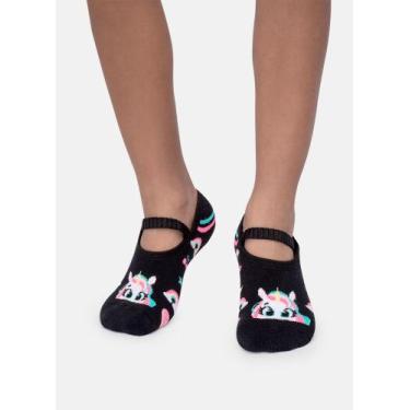 Imagem de Meia Sapatilha Puket com Antiderrapante Menina Unicórnio Preto 23 a 27