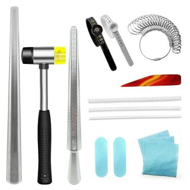 Imagem de Conjunto de ferramentas de medição de mandril de tamanho de anel, martelo de martelo de borracha para joias, ferramentas de anéis de envoltório de arame, bastão de tamanho de dedo de metal, faca de