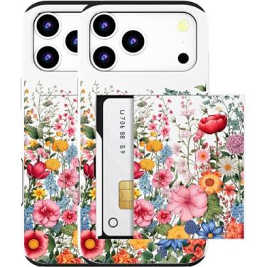 Imagem de MUQR Capa compatível com Phone 17 Pro com porta-cartão fofo - Design Kawaii Proteção contra quedas de grau militar Capa carteira robusta para mulheres (flores brancas desabrochando)