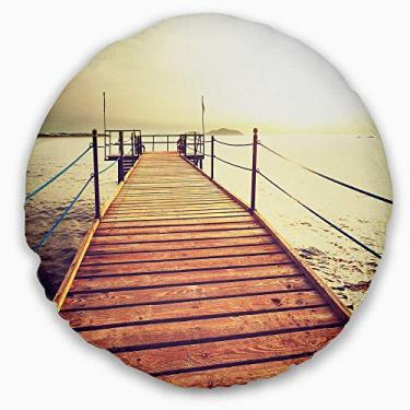 Imagem de Designart calçadão de madeira marrom para a ponte do mar sala de estar redonda, sofá, almofada de alta qualidade + capa de almofada impressa em ambos os lados 40 cm