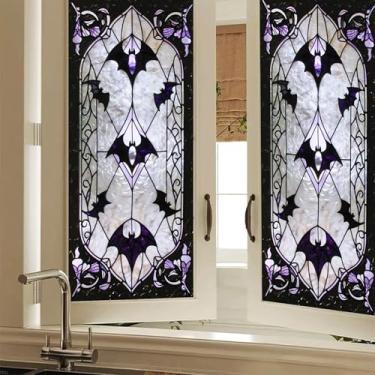 Imagem de HOMETITUTE Painel de vinil com aparência de vitral gótico para janela de morcego de Halloween 45 x 99 cm, arte de morcego, roxo, preto, removível, vertical, PVC, decoração de porta de casa