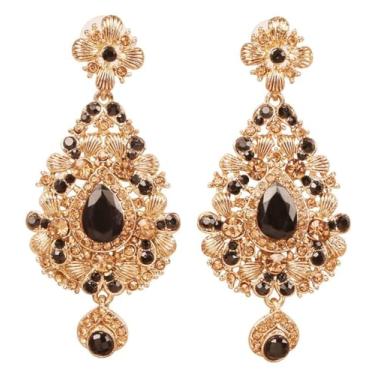 Imagem de NOVO! Brincos femininos Touchstone indianos de Bollywood exclusivos, moda tradicional, escolha real, citrino falso, ônix preto, joias de designer largas em tom dourado antigo., Sem pedra preciosa