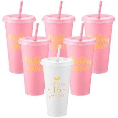 Imagem de Skylety 6 peças de copos de festa de aniversário de 16 peças, copo skinny de esquadrão de aniversário de 680 g com tampa e palha, lembrancinhas de festa de aniversário para convidados de 16 anos