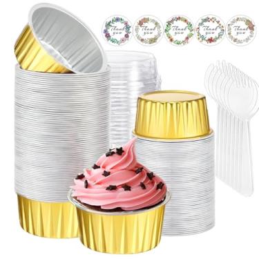 Imagem de 100 peças de copos de cupcake de folha de alumínio com tampas, mini formas de bolo com tampas e colheres, 142 g descartáveis de ramequins para assar, formas de muffin, copos de cupcake para festa