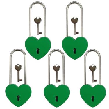 Imagem de BoutCr Cadeado de coração Love Lock com chave para dia dos namorados, aniversário, namoro de namorados, casamento de amantes, ponte Lovelock, viagem, árvores dos desejos 9,9 cm 99,1 mm (verde, 5 peças
