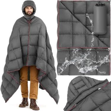 Imagem de HunnmingRe Cobertor de acampamento com capuz impermeável 650 enchimento fofo poncho cobertor 195.6 cm x 127.0 cm saco de dormir vestível com chapéu destacável para acampamento em estádio ao ar livre