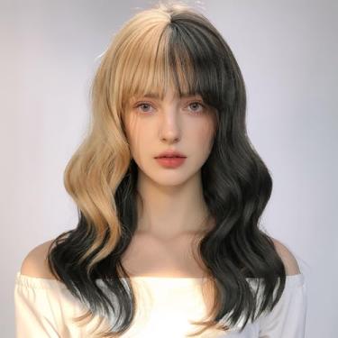 Imagem de LINGHANG Peruca feminina preta e loira na altura dos ombros, ondulada, com franja, cabelo sintético resistente ao calor para cosplay, dia das bruxas, uso diário em festas
