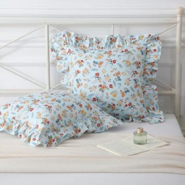Imagem de Mywinlle Farmhouse Blue Floral Ruffle Conjunto de 2.100% Algodão Shabyy Fronhas Decorativas para Cama, Sofá, Sofá-18 x 18