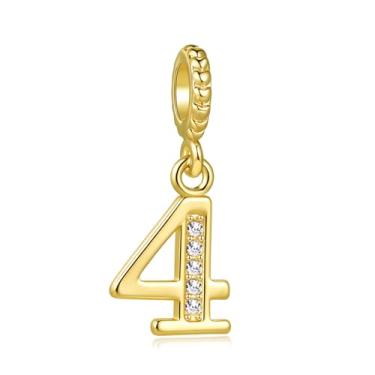 Imagem de MiiFort Lucky Number 4 Four 4th Charm serve para pulseiras Pandora berloques de aniversário, presentes para mulheres, tom dourado, zircônia cúbica cristalina