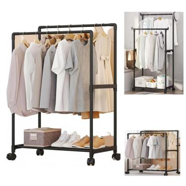 Imagem de Cabideiro Arara Organizadora Sapateira Prateleira Roupas Preto Com Rodas