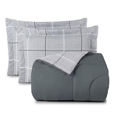 Imagem de Kit Edredom Cobertor Celi Super King Dupla Face Micropercal Estampado 200 Fios 3 Peças Xadrez Grid Cinza