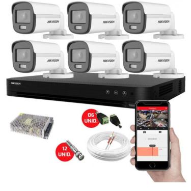 Imagem de Kit CFTV 6 Câmeras de Segurança Hikvision Colorvu Imagens Noturnas Coloridas Full HD 1080p s/hd