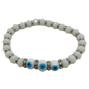 Imagem de Pulseira 3 Olho Grego Branco Prateada Cristal e Silicone