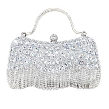 Imagem de Bolsa clutch feminina pequena com franjas de strass, bolsa de ombro para festa, bolsa tiracolo de casamento, mini bolsa transversal de casamento, Prata