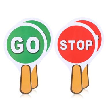 Imagem de Xindojuz Pacote com 4 placas Stop an Go com alça, 25 x 15 cm, placa de bloqueio de travessia portátil de plástico de 25 x 15 cm, mini sinais de trânsito de mão de dupla face vermelha e verde para