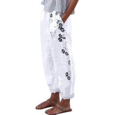 Imagem de Calças femininas de algodão, linho, estampa floral de verão, perna lar