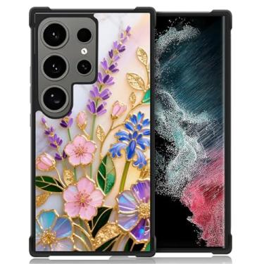Imagem de CARLOCA Capa compatível com Samsung Galaxy S24 Ultra Design para meninas à prova de choque anti-arranhões capa traseira rígida PC estética padrão mármore branco vitral dourado lavanda flores