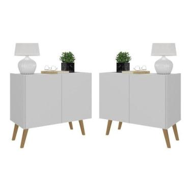 Imagem de Kit 2 Mesas De Cabeceira Retrô 2 Portas Branco natural - MULTIMOVEIS