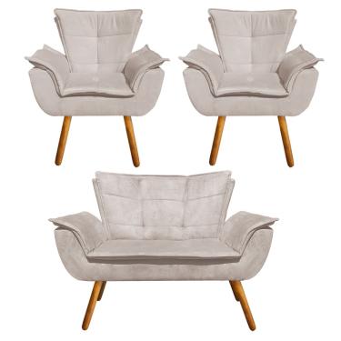 Imagem de Namoradeira e 2 Poltronas Pé Palito Castanho Opala Suede Bege D03 - D'Rossi