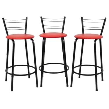Imagem de Kit 3 Banquetas Para Cozinha Flórida Estrutura Preta 60cm Área de Lazer Piscina Balcão Bancada Bistro Bar (Assento Vermelho)