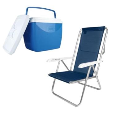 Imagem de Kit com 2 Cadeiras de Praia Reclináveis em Alumínio, 8 Posições, Suporta 100kg cada - para Piscina e Jardim (Kit Caixa Térmica 18L - Azul M)