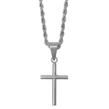 Imagem de Pure Ziva Colar com pingente de cruz cristã de prata, corrente de corda de 55 cm, pingente religioso de 0,86 polegadas, aço inoxidável hipoalergênico