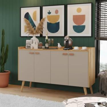 Imagem de Aparador Retrô Zeus, MDP Branco, 4 Portas com Pés Palito, Buffet para Sala de Estar e Jantar, 108x75x30 cm, Design Vintage, Armário Bar Multiuso (Bege)