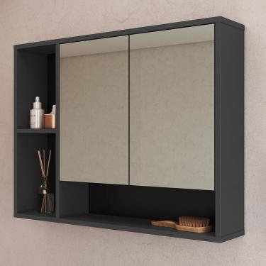 Imagem de Armário Espelheira de Banheiro 80cm com 2 Portas e Nichos Bari Grafite