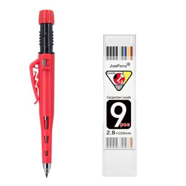 Imagem de Conjunto de lápis de grafite retrátil mecânico de 2,8 mm, carpinteiros, marcenaria, para furo profundo, capa protetora resistente com apontador embutido com 1 refil de chumbo colorido (vermelho)