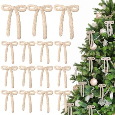 Imagem de Glitinsel 24 peças de laços de tricô de Natal de 18 cm, enfeites de árvore, laços de crochê para Natal, casa de fazenda neutra rústica vintage, guirlanda de lareira para decoração de festas de fim de