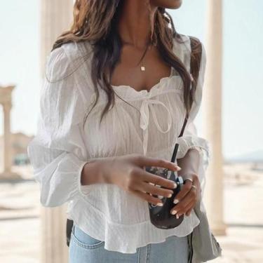 Imagem de Blusa Feminina Casual de Linho e Algodão - Manga Longa, Renda e Estilo