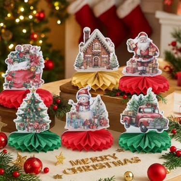 Imagem de Centros de mesa de Natal, 6 peças de cartolina de Natal, conjunto de decoração de centro de favo de mel, decorações de centro de Natal 3D, decoração de mesa de Natal e festa de aniversário