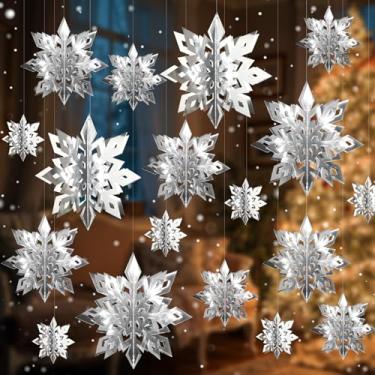 Imagem de Decorações de Natal para pendurar floco de neve, 24 peças de flocos de neve de papel prata 3D, enfeite de guirlanda de flocos de neve para teto, Natal, inverno, ano novo, feriado, aniversário, casa