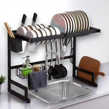 Imagem de Escorredor de Louça Suspenso em Aço Preto 65 cm – Rack Organizador de Pia de Cozinha com Porta-Talheres, Porta-Detergente, Ganchos e Suporte para Pratos e Copos, Escorredor Grande e Moderno