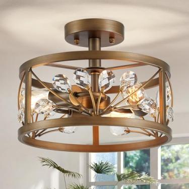 Imagem de WUZUPS Lustre de folha de cristal 3 luzes vintage fazenda industrial semi-embutida luminária de teto moderno hall de entrada sala de armazenamento cozinha banheiro, H 22 L 30, bronze polido a óleo