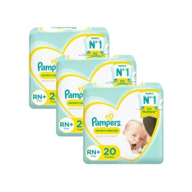 Imagem de Kit 3 Fralda Pampers Recém-Nascido Premium Care RN+ com 20 Unidades