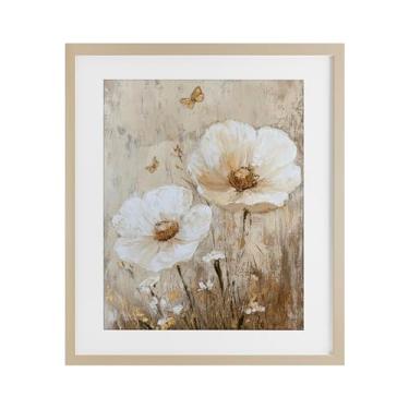 Imagem de Stupell Industries Impressão emoldurada de flores marfim e borboleta branca sob vidro, design por Petal Prints Design, 21 x 17