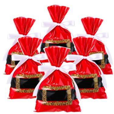 Imagem de Tenare Sacos de presente de plástico de celofane de Natal para fantasia de Papai Noel, sacos de presente com fita de 22 metros para sacos de lembrancinhas de festa, 15 x 23 cm