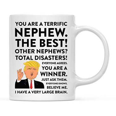 Imagem de Andaz Press Caneca de café engraçada Donald Trump 325 ml, sobrinho fantástico, 1 pacote, chocolate quente Natal aniversário sátira política republicana para a família na lei