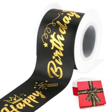 Imagem de Fita de feliz aniversário, decoração de aniversário, caixa de presente, fita de cetim preta com glitter para artesanato, fabricação de banners e decoração de bolos, 5 cm x 10 metros